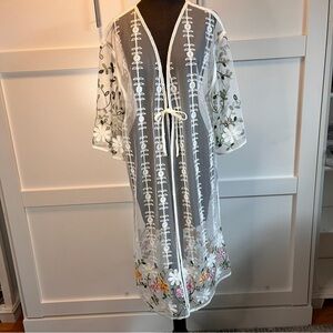 Floral Embroidered Sheer White Kimono Top